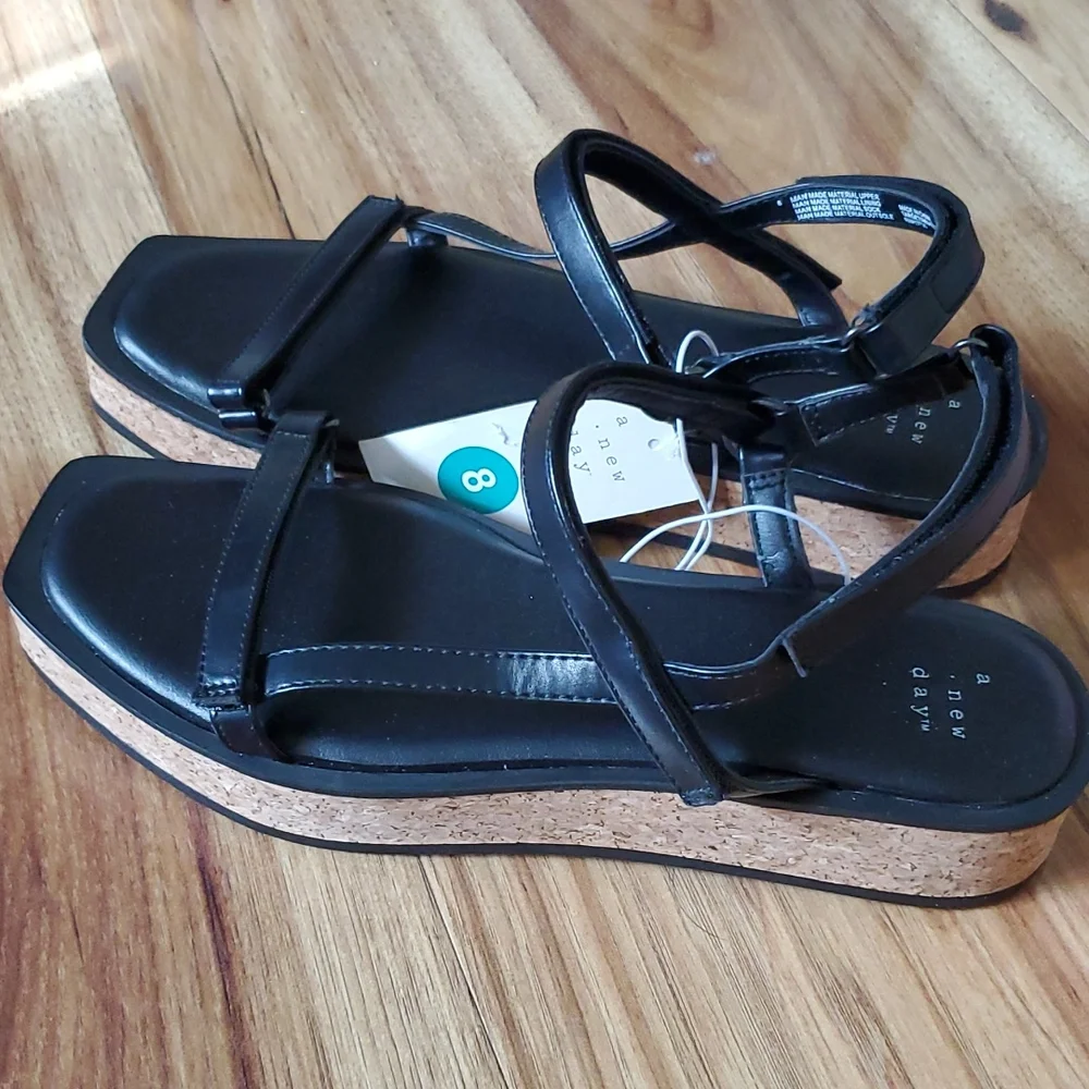 A New Day Nova cork bottom black sandals - Picture 2 of 5